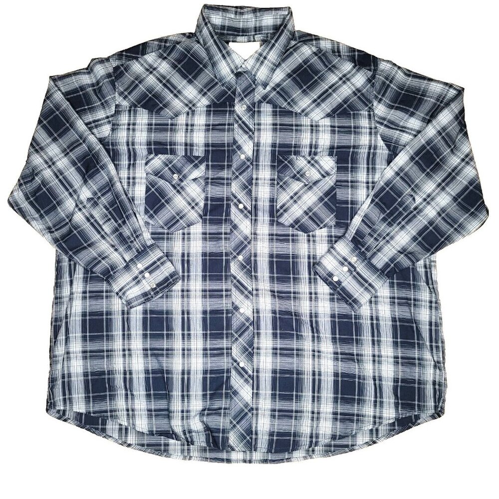 Wrangler Mens Western Shirt Sz 2XL Dark Blue Plaid Long Sleeves Pearl Snap Mint